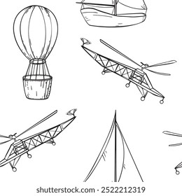 Navio à vela, balão de ar, avião preto e branco vetor gráfico padrão sem emenda. Barco monocromático, aeronave, embarcação, aerostato repetitivo textura desenhada à mão. Transporte de contorno de linha sem fim.