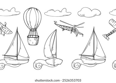 Navio à vela, balão de ar, avião preto e branco vetor gráfico fronteira sem costura. Embarcação monocromática, aeronave, embarcação, aeróstato, repetição de bordo puxado à mão. Transporte de silhueta infinita para menino.