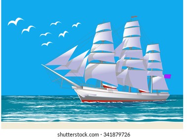 Sailing ship, all the objects on separate layers, isolated on white, vector illustration