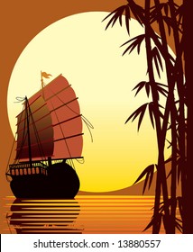 Sailing ship, bamboo forest, sea and sun