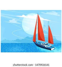 Sailing ship banner in cartoon style. Top view sail boat on deep blue sea water. Luxury yacht race, ocean sailing regatta vector. Nautical worldwide yachting or traveling.