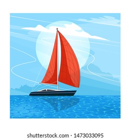 Sailing ship banner in cartoon style. Top view sail boat on deep blue sea water. Luxury yacht race, ocean sailing regatta vector. Nautical worldwide yachting or traveling.