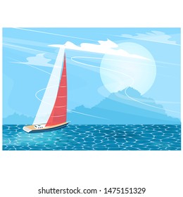 Sailing ship banner in cartoon style. Top view sail boat on deep blue sea water. Luxury yacht race, ocean sailing regatta vector. Nautical worldwide yachting or traveling.