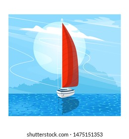 Sailing ship banner in cartoon style. Top view sail boat on deep blue sea water. Luxury yacht race, ocean sailing regatta vector. Nautical worldwide yachting or traveling.