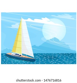 Sailing ship banner in cartoon style. Top view sail boat on deep blue sea water. Luxury yacht race, ocean sailing regatta vector. Nautical worldwide yachting or traveling.