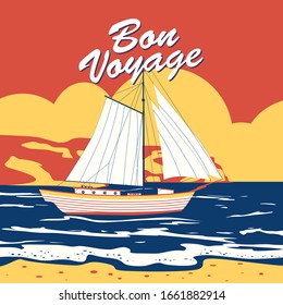 Sailing ship banner retro vintage pop art with text Bon Voyage. Nautical ocean sailing yacht or traveling. Vector illustration isolated