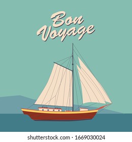 Sailing ship banner retro vintage with text Bon Voyage. Nautical ocean sailing yacht or traveling. Vector illustration isolated