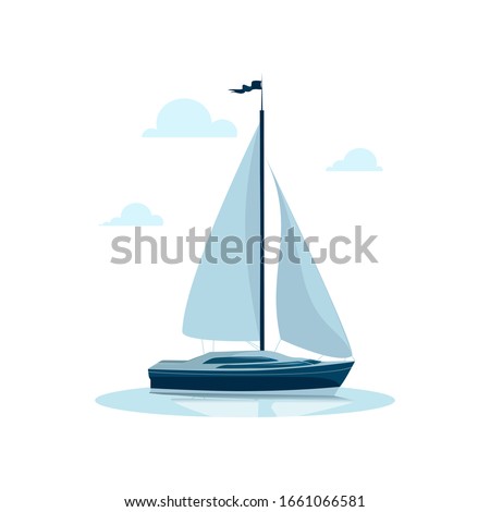 Sailing ship banner. Sailboat side view with reflection on a background of sea water. Luxury yacht racing, ocean, sailing regatta vector illustration. Sea travel around the world, yacht racing.
