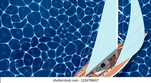 Sailing ship banner with space for text. Top view sail boat on deep blue sea water. Luxury yacht race, ocean sailing regatta vector. Nautical worldwide yachting or traveling. Yacht sailing layout.