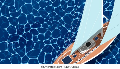 Sailing ship banner with space for text. Top view sail boat on deep blue sea water. Luxury yacht race, ocean sailing regatta vector. Nautical worldwide yachting or traveling. Yacht sailing layout.