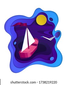 Sailing ship banner. Top view sail boat on deep blue sea water. Vector illustration.