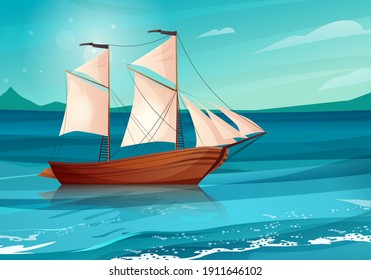 Sailing ship with black flags in the sea. Wooden sailboat on water. Cartoon vector illustration.