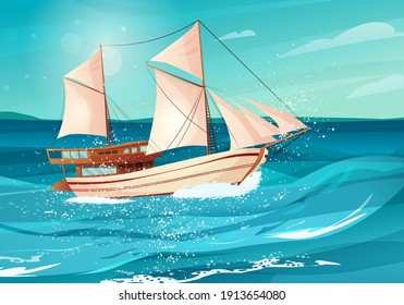 Sailing ship with black flags in the sea. Wooden sailboat on water. Cartoon vector illustration.