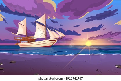 Sailing ship with black flags. Wooden sailboat on water. Sunset or sunrise, dawn at sea with clouds in the sky. Cartoon vector illustration.