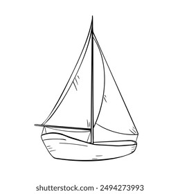 Sailing ship black and white vector illustration isolated. Sailboat hand drawn ink silhouette. Sea transport coloring. Simple cartoon boat for childish marine design. Nautical themed products