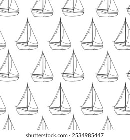 Sailing ship black and white vector outline seamless pattern isolated. Sailboat, vessel, sea transport graphic hand drawn repeating background. Childish nautical line art for boys, textile.