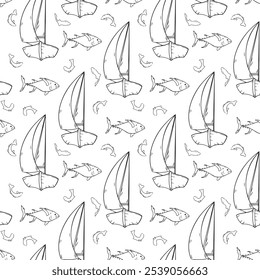 Sailing ship black and white vector graphic seamless pattern isolated. Sail vessel and fish tuna hand drawn monochrome repeating background. Contour fish and ship by ink. Marine line art wallpaper.