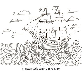 sailing ship, black&white vector illustration.