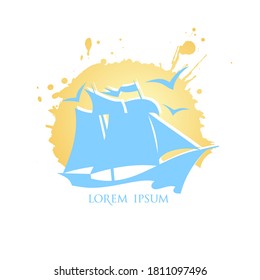 Sailing ship with blot sun and seagulls on a backdrop, vector logotype design