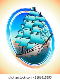 Sailing ship with blue sails in a circle. Vector illustration