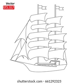 Sailing ship, Boat contour drawing. Sketch silhouette sailboat, isolated on white background, vector illustration