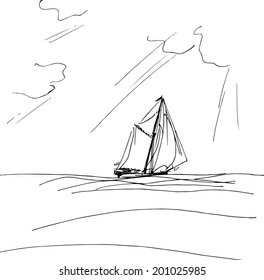 Sailing ship or boat in the ocean in ink line style. Hand sketched yacht. Marine theme design.