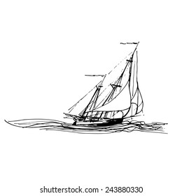 Sailing ship or boat in the ocean in ink line style. Hand sketched yacht. Marine theme design.