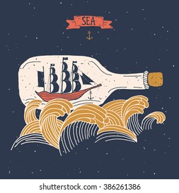 Sailing ship in the bottle, Hand drawn vector illustration for poster, greeting card, t-shirt