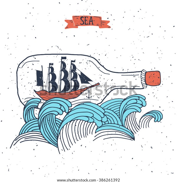 Sailing Ship Bottle Hand Drawn Vector Stock Vector Royalty Free
