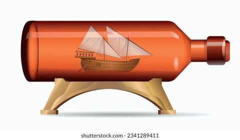 Sailing ship in a bottle on a white background. Vector illustration