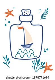 Sailing ship in the bottle. Sailboat, starfish, seaweed and bottle. This illustration can be used as a print on T-shirts and bags. Nautical badge design. Vector cartoon flat illustration.