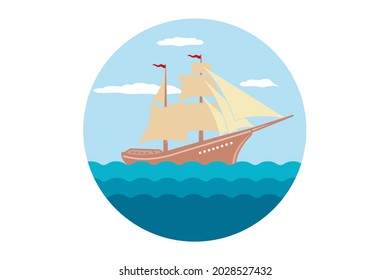 sailing ship with brown sails across the ocean vector flat style design.