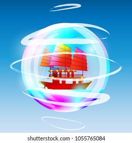 sailing ship in a bubble. Vector Illustration
