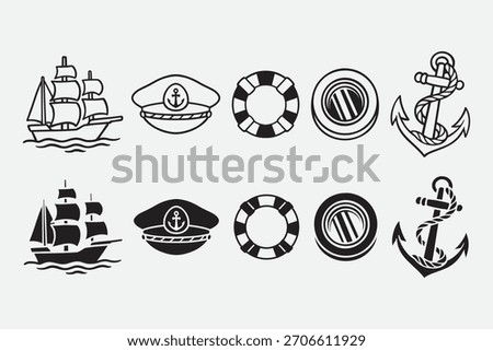 Sailing ship, Captain hat, Lifebuoy, Porthole, Anchor with rope outline icon set. Sailor, Voyage, Seafaring gear equipment silhouette symbol element pack. Adventure, outdoor, coastal, marine, journey