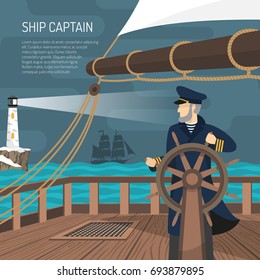 Sailing ship captain at wheel steering at night with beacon light on background flat retro poster vector illustration 