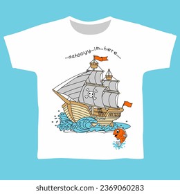 Sailing ship cartoon, kids fashion t-shirt vector collection