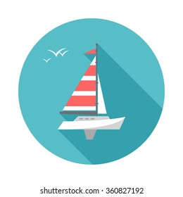 Sailing ship circle icon with long shadow. Flat design style. Boat simple silhouette. Modern, minimalist, round icon in stylish colors. Web site page and mobile app design vector element.