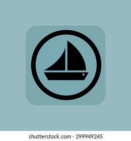 Sailing ship in circle, in square, on pale blue background