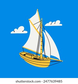 Sailing ship and clouds. Ocean transport, wind sail boat, yacht. Hand drawn Vector illustration. Cartoon style. Isolated design element. Icon, logo, print template