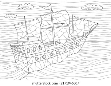 Sailing ship coloring graphic black white sea sketch illustration vector