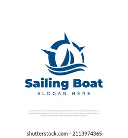 Sailing ship compass illustration logo design template, symbol, icon