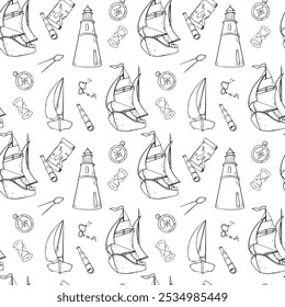 Sailing ship, compass spyglass and map vector seamless pattern monochrome isolated. Black and white graphic hand drawn repeating design of adventure vintage style. Childish marine design ink outline