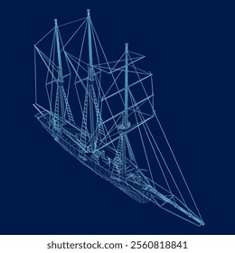 Sailing ship contour vintage vector illustration design, retro marine. Isometric view