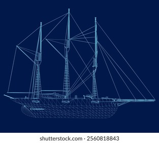 Sailing ship contour vintage vector illustration design, retro marine. Side view