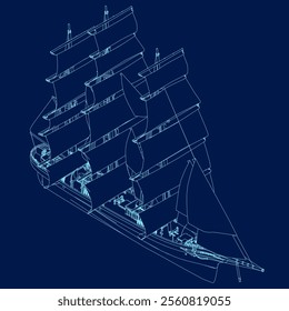 Sailing ship contour vintage vector illustration design, retro marine. Isometric view