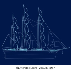 Sailing ship contour vintage vector illustration design, retro marine. Side view