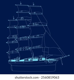 Sailing ship contour vintage vector illustration design, retro marine. Side view