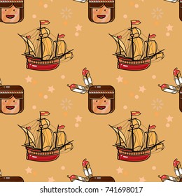 Sailing ship and cute Indian with feathers. Seamless pattern. Decorative cute wallpaper, good for printing. Vector pattern for children fabric, clothes, room decoration. 