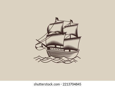 Sailing ship design in classic vintage style. vintage style sailing ship designs for clothing, Templates, logos, posters and many other uses. Vector illustration of a retro sailing ship.