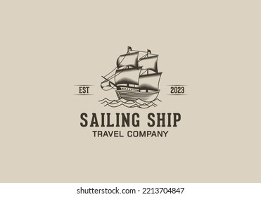 Sailing ship design in classic vintage style. vintage style sailing ship designs for clothing, Templates, logos, posters and many other uses. Vector illustration of a retro sailing ship.